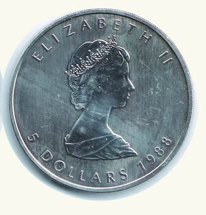 reverse: CANADA - Elisabetta II - 5 Dollari 1988 - Foglia d’acero.