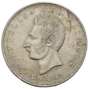 obverse: ECUADOR. Mexico City. 5 Sucres 1944. Ag. KM#79. qFDC