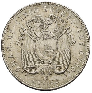 reverse: ECUADOR. Mexico City. 5 Sucres 1944. Ag. KM#79. qFDC