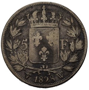 reverse: FRANCIA. Carlo X. 5 Francs 1828 W (Lille). Ag. MB