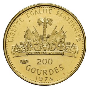 obverse: HAITI. 200 Gourdes 1974. Au (3,00 g). Al R/Papa Paolo VI - Anno Santo 1975. Con folder originale. Proof