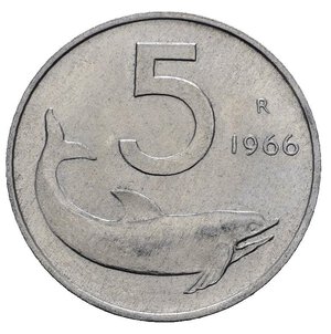 reverse: Repubblica Italiana. 5 Lire 1966 Delfino. Al. qFDC