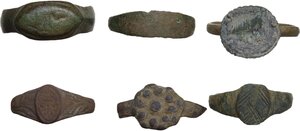 reverse: SIX ANCIENT RINGS  From the Roman period to the Renaissance.  Lot of six (6) ancient bronze rings of various sizes and with different decorations