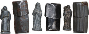 reverse: THREE WWI VOTIVE STATUETTES  Europe, 1914-1918.  Lot of three (3) lead votive statuettes from the First World War, containers made with bullets. Two depicting the Madonna and a Jesus.  Statuettes heights: 25, 28.50 and 28 mm