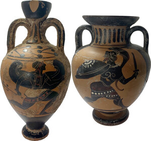 reverse: TWO MODERN AMPHORAE  20th century.  Lot of two (2) modern Greek-style amphorae, one decorated with a running figure on the right (possibly a Potnia Theron) on one side and a fight scene between two animals on the other, the other depicts two warriors, one on each side.  Heights: 160 and 130 mm