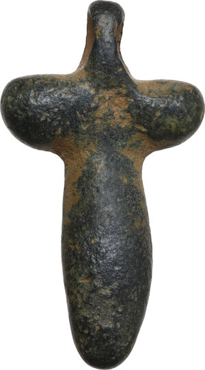 obverse: EARLY CHRISTIAN (?) BRONZE PHALLIC AMULET  Roman period, c. 1st-3rd century AD.  Cast bronze pendant in the form of male genitals, set vertically.  Lenght: 28 mm