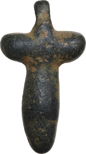 reverse: EARLY CHRISTIAN (?) BRONZE PHALLIC AMULET  Roman period, c. 1st-3rd century AD.  Cast bronze pendant in the form of male genitals, set vertically.  Lenght: 28 mm
