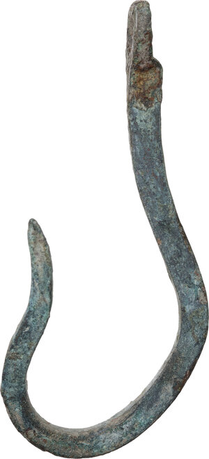 obverse: IMPRESSIVE BRONZE FISHING HOOK  Roman period, c. 1st-3rd century AD.  Large bronze hook with square cross section.  Lenght: 86 mm. Weight: 29.37 g