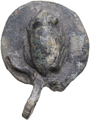 reverse: ROMAN PENDANT WITH MOUSE  Roman period, c. 1st-3rd century AD.  Bronze pendant with one side flat and the other with a mouse relief.  Dimensions: 38x28 mm with the original loop.  Weight: 25 g