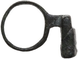 reverse: ROMAN BRONZE KEY-RING  Roman Period, c. 1st - 3rd century AD.  Bronze key-ring.  Dimensions: 30 x 20 mm.  Inner size: 18 mm