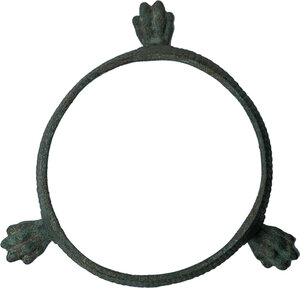 reverse: ROMAN BRONZE TRIPOD  Roman period, c. 2nd-3rd century AD.  Roman bronze tripod resting on three lion paws and composed of a high circular bronze band decorated with vertical strips. The plates surmounting the legs have a rectangular shape and are engraved with tabs.  Lenght: 150 mm., Height: 38 mm