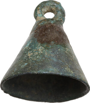 reverse: CONICAL BRONZE BELL  Roman period to Medieval, c. 1st - 8th century AD.  Conical bronze bell, with suspension ring.  Dimensions: 45 x 40 mm.  Weight: 42.30 g