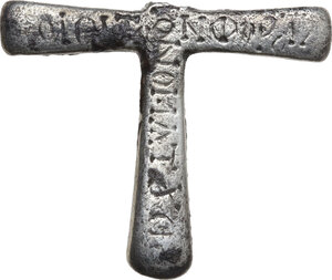 reverse: BYZANTINE SILVER CROSS  Byzantine period, c. 8th-12th century AD.  Byzantine silver solid cross with interesting Greek inscription.  Dimensions: 31x26 mm.  Weight: 7.77 g