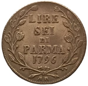 reverse: Emilia-Romagna, Parma. Da 6 Lire 1796. Ferdinando di Borbone (1765 - 1802). NON COMUNE. AG. MIR# 1073/2, CNI# 152.