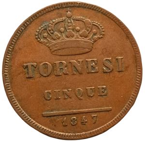 reverse: Regno delle due Sicilie. 5 Tornesi 1847. Ferdinando II di Borbone (1830 - 1859). MOLTO RARA. III° tipo. CU. Gigante# 223.