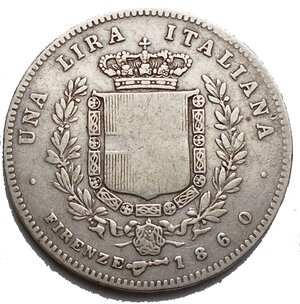 reverse: Casa Savoia - Vittorio Emanuele II. 1861-1878. 1 Lira 1860. Firenze. Legenda corta r/ mano con scettro RR