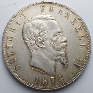 obverse: VITT. EMANUELE II (1861-1878) 5 LIRE 1874 MILANO AG. SPL-FDC Segnetti Patina su fondi Lucenti