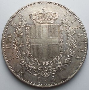 reverse:  VITTORIO EMANUELE II (1861-1878) 5 Lire 1877 Roma. MIR 1082z Pag. 502 Ag SPL - FDC Patina su fondi lucanti. Segnetti