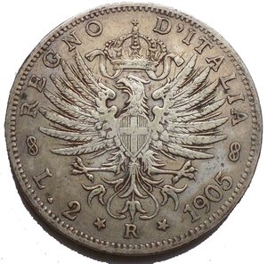 reverse: Casa Savoia - Regno di Italia. Vittorio Emanuele III (1900-1943). 2 lire 1905. Pag. 729. AG. BB. Intonso con bella patina