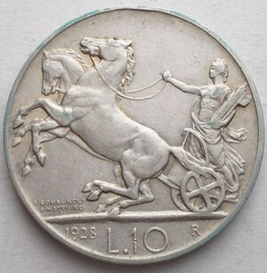 obverse: Vittorio Emanuele III - 10 lire 1928 biga 2 rosette ag. BB. RR.