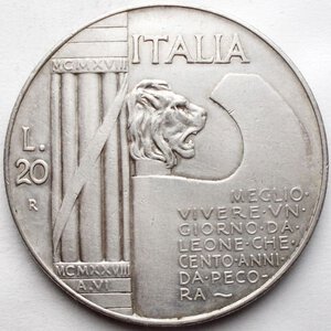 reverse: Casa Savoia - Regno di Italia. Vittorio Emanuele III (1900-1943). 20 lire 1928. Pag. 680. R. AG. qSPL.