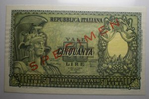 obverse: ITALIA 50 Lire ITALIA ELMATA 31.12.1951 SPECIMEN. FDS. Ex Gartner