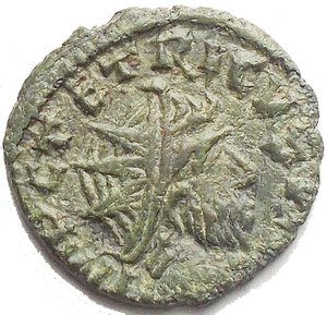 obverse: Tetrico I (270-273). Gallia. Antoniniano. d/ Busto radiato a destra. R/ Pseudo legenda. AE. g 1,46. mm 14,97. Spl. R. Patina verde