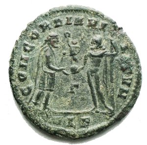 obverse: MAXIMIANUS. First Reign, 286-305 AD. Antoninianus 3,26 g. Alexandria mint, 3rd officina. Struck 305-306 AD. IMP C MAXIMIANVS P F AVG, radiate, draped, and cuirassed bust right / CONCORDIA MI-LITVM, prince standing right, holding parazonium, receiving Victory on globe from Jupiter standing left, holding sceptre; Γ//ALE. RIC VI 59b. Good VF+, green patina.