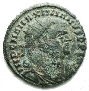 reverse: MAXIMIANUS. First Reign, 286-305 AD. Antoninianus 3,26 g. Alexandria mint, 3rd officina. Struck 305-306 AD. IMP C MAXIMIANVS P F AVG, radiate, draped, and cuirassed bust right / CONCORDIA MI-LITVM, prince standing right, holding parazonium, receiving Victory on globe from Jupiter standing left, holding sceptre; Γ//ALE. RIC VI 59b. Good VF+, green patina.