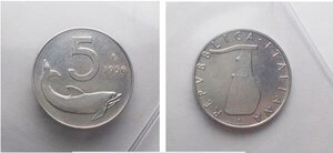 obverse: Repubblica Italiana - 5 lire 1956. Pag.680. RR. IT. qSPL. Ottimo esemplare. Moneta accompagnata dall originale perizia