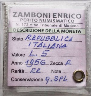 reverse: Repubblica Italiana - 5 lire 1956. Pag.680. RR. IT. qSPL. Ottimo esemplare. Moneta accompagnata dall originale perizia