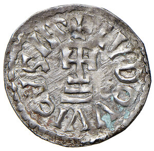 obverse: Benevento. Ludovico II e Angilberga (870-871). Denaro AG gr. 0,82. CNI 42/47. MIR 244. Raro. q.SPL