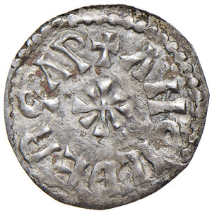 reverse: Benevento. Ludovico II e Angilberga (870-871). Denaro AG gr. 0,82. CNI 42/47. MIR 244. Raro. q.SPL