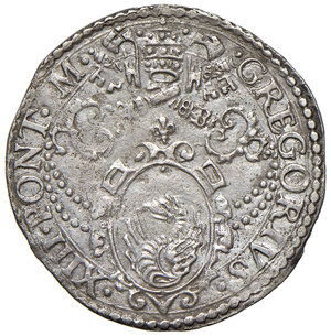 obverse: Ancona. Gregorio XIII (1572-1585). Giulio AG gr. 3,06. Muntoni 314. Berman 1225. Dubbini-Mancinelli pag. 162 (5° tipo). MIR 1223/7. Villoresi 305 d).  Rarissimo. q.SPL