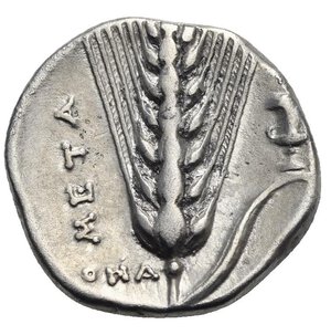 reverse: LUCANIA. Metapontum. Circa 340-330 BC. Nomos (Silver, 20.00 mm, 7.48 g). ΛEYKIΠΠOΣ Bearded head of Leukippos to right, wearing corinthian helmet; light graffito on helmet; parazonium behind head and K below neck (are not visible). Rev. META Ear of barley with leaf on stalk to right; above leaf Kalyx Krater; at base of leaf, ONA. HN Italy 1562; Johnston-Noe A 6.10; SNG ANS 409. Lightly toned. Very Fine. Very rare.