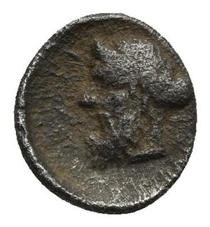 reverse: CILICIA. Nagidos. Circa 400-380 BC. Obol (Silver, 10.25 mm, 0.58 g). Head of Aphrodite to left, her hair bound in a sphendone. Rev. [ΝΑΓΙ] Bearded head of Dionysos to left. SNG France 2, Cilicie, 10-11. SNG Switzerland I, Levante-Cilicia, --. Obverse struck off-centre. Dark patina with deposits and corrosion, otherwise, Near Very Fine.
From a European collection formed prior to 2005. 
