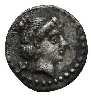 obverse: CILICIA. Nagidos. Circa 400-380 BC. Obol (Silver, 10.50 mm, 0.68 g). Head of Aphrodite to right, her hair bound up into a bun at the top of her head; behind, N; border of dots. Rev. Bearded head of Dionysos to right; before, N; border of dots. SNG France 2, Cilicie, 15.  SNG von Aulock 8706. Toned. Light porosity and deposits, otherwise, Good Very Fine.