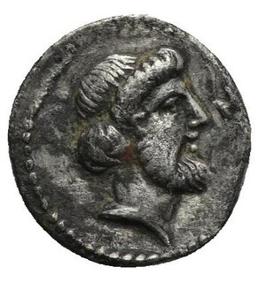 reverse: CILICIA. Nagidos. Circa 400-380 BC. Obol (Silver, 10.50 mm, 0.68 g). Head of Aphrodite to right, her hair bound up into a bun at the top of her head; behind, N; border of dots. Rev. Bearded head of Dionysos to right; before, N; border of dots. SNG France 2, Cilicie, 15.  SNG von Aulock 8706. Toned. Light porosity and deposits, otherwise, Good Very Fine.