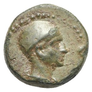 obverse: CILICIA. Olba. Ajax, High Priest and toparch, 10-15. Chalkous (Bronze, 15.00 mm, 3.48 g) Year 2 = 11/2-13/4. Draped bust of Ajax as Hermes to right, wearing cap. Rev. AIAN ΤΟΣ ΤΕΥ ΚΡΟΥ in four lines. E B to outer right. RPC I, 3730; Levante 633; Staffieri 17. Deposits, glossy green patina. Very Fine. 
From a Swiss collection, formed before 2005.


