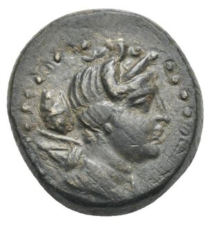 obverse: CILICIA. Soloi. 2nd-1st century BC. Bronze (Bronze, 20.00 mm, 5.01 g). Diademed and draped bust of Artemis to right, with bow and quiver over her left shoulder. Rev. ΣΟΛΕΩN Athena advancing right, holding thunderbolt in her right hand and shield in her left. SNG Switzerland I, Levante-Cilicia, 859. SNG France 2, Cilicie, 1189-1190 var.(with additional monograms). Dark green patina. Some scratches and deposits. Very Fine. 
