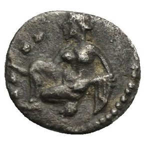 reverse: CILICIA. Tarsos. Tiribazos, satrap of Lydia, 388-380 BC. Obol (Silver, 9.40 mm, 0.46 g). Head of a youthful male to right. Rev. Female kneeling to left, casting astragaloi. SNG France 2, Cilicie, 239. SNG Switzerland I, Levante-Cilicia, 65. Dark patina with some deposits. Very Fine.