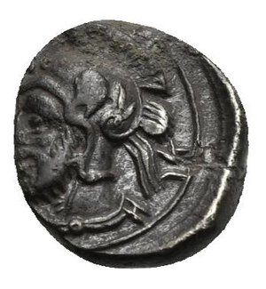 reverse: CILICIA. Tarsos. Time of Pharnabazos and Datames. Circa 380-360 BC. Obol (Silver, 9.15 mm, 0.80 g). Female head facing slightly left. Rev. Helmeted and bearded male head left. SNG France 303. Reverse struck off-centre. Toned. Very Fine.