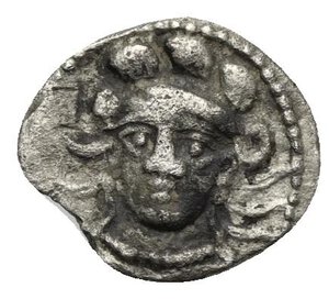 obverse: CILICIA. Uncertain mint. 4th century BC. Obol (Silver, 11.50 mm, 0.63 g). Draped bust of Athena facing slightly left, wearing triple-crested helmet and necklace. Rev. Boeotian shield embossed with thunderbolt. SNG France 2, Cilicie, 476. SNG Switzerland I, Levante-Cilicia, 119. Toned. Some corrosion and deposits, otherwise, Good Very Fine.




