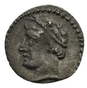 obverse: CILICIA. Uncertain mint. 4th Century BC. Obol (Silver, 11.45 mm, 0.50 g). Youthful male head to left, probably Triptolemos, wearing wreath of grain ears; border of dots. Rev.  Eagle standing left, with spread wings, on back of lion seated left; all  within a dotted square. SNG France 2, Cilicie, 474. SNG Switzerland I, Levante-Cilicia, 230. Dark patina. Near Very Fine.

