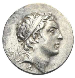 obverse: KINGS OF CAPPADOCIA. Ariarathes IV Eusebes, 220-163 BC. Drachm (Silver, 18.7 mm, 4.16 g) Dated RY 28 (= 193/2 BC) Diademed head of Ariarathes right. Rev. ΒΑΣΙΛΕΩΣ vertical to right, ΑΡΙΑΡΑΘΟΥ vertical to left, ΕΥΣΕΒΟΥΣ below. Athena Nikephoros draped and wearing long crested helmet, standing facing, head turned to left, holding Nike on the right hand crowning the king’s name to left with laurel wreath, long spear behind and resting the left arm on shield at her feet set vertical, both to her left side. Monograms to inner and outer left and to outer right, HK (date) in exergue. Some deposits. Simonetta, p. 23, n.5; Parthica 2007, Ar. IV 71/3. Expressive portrait. Very Fine.
From a European collection formed prior to 2005.



