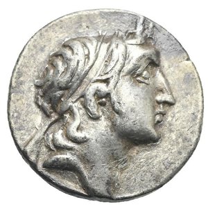 obverse: KINGS OF CAPPADOCIA. Ariarathes V Eusebes Philopator, 163-130 BC. Drachm (Silver, 17.79 mm, 3.96 g) Dated RY 32 (= 131-130 BC) ) Mint A, Eusebeia under Mount Argaios. Diademed head of Ariarathes to right. Rev. ΒΑΣΙΛΕΩΣ vertical to right, ΑΡΙΑΡΑΘΟΥ vertical to left, ΕΥΣΕΒΟΥΣ below. Athena Nikephoros draped and wearing long crested helmet, standing facing, head turned to left; holding Nike on the right hand crowning the king’s name to left with laurel wreath, long spear behind and resting the left arm on shield at her feet set vertical, both to her left side. Monograms to inner and outer left and to outer right, in exergue, BΛ (date). Simonetta 13a (Ariarathes IV). HGC 7, 811. Some scratches. Deposits, otherwise, Good Very Fine.
From a European collection formed prior to 2005.
