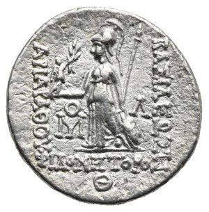 reverse: KINGS of CAPPADOCIA. Ariarathes VIII Eusebes Epiphanes. Circa 100-98/5 BC.  Drachm (Silver, 18 mm, 4.16 g), Eusebeia-Mazaca, year 9 (Θ) = 108/7.
Obv. Diademed head of Ariarathes to right. Rev. BAΣΙΛΕΩΣ APIAPAΘOY ΦΙΛOMHTOPOΣ, Athena standing left, holding Nike on her extended right hand and spear and shield with her left; in inner left, O above MI monogram; Λ in inner right; in exergue, Θ (date). BMC 2; Simonetta 5. Good Very Fine
