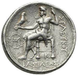 reverse: SELEUKID KINGS OF SYRIA. Seleukos I Nikator, 312-281 BC. Tetradrachm (Silver, 26.98  mm, 17.04 g). In the types of Alexander III of Macedon. Seleukeia on the Tigris I mint. Struck circa 300-281 BC. Head of Herakles to right, wearing lion s skin headdress. Rev. ΣΕΛΕΥΚΟΥ / ΒΑΣΙΛΕΩΣ Zeus seated left on throne, holding eagle in his extended right hand and scepter in his left; below throne, monogram K; in field to left, monogram within wreath. Seleucid Coins I, 53, 117.2. HGC 9, 12i. SNG Israel I, Coll. Spaer, 115-116. E.T. Newell, ESM 12. Lightly toned. Very Fine.
From a European collection formed prior to 2005.






