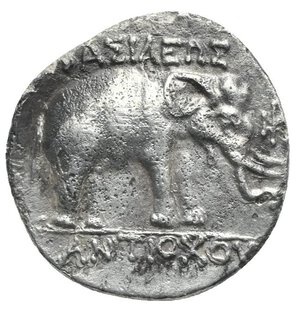 reverse: SELEUKID KINGS OF SYRIA. Antiochos III  the Great , 223-187 BC. Drachm (Silver, 17.20 mm, 3.85 g). Apameia on the Orontes (?), circa 212 BC. Diademed head of Antiochos III to right. Rev. ΒΑΣΙΛΕΩΣ / ΑΝΤΙΟΧΟΥ Elephant standing right; in the right field, monogram. Seleucid Coins I, 404-405, 1065.6. HGC 9, 453a. SNG Israel I, Coll. Spaer, 693. Metal fault on obverse, otherwise, Very Fine.
From a European collection formed prior to 2005.