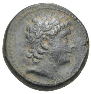 obverse: SELEUKID KINGS OF SYRIA. Antiochos III  the Great , 223-187 BC. Bronze (Bronze, 24.88 mm, 13.15 g), Antioch on the Orontes, circa 204-197 BC. Laureate head of Antiochos III to right. Rev. ΒΑΣΙΛΕΩΣ - ΑΝΤΙΟΧΟΥ Apollo seated left on omphalos, holding arrow in right hand and bow in left; to outer left, monogram. Seleucid Coins I, 400, 1048.1a. HGC 9, 466. Green patina with earthen deposits. Small nick on obverse. Very fine. Rare.
From a European collection formed prior to 2005.